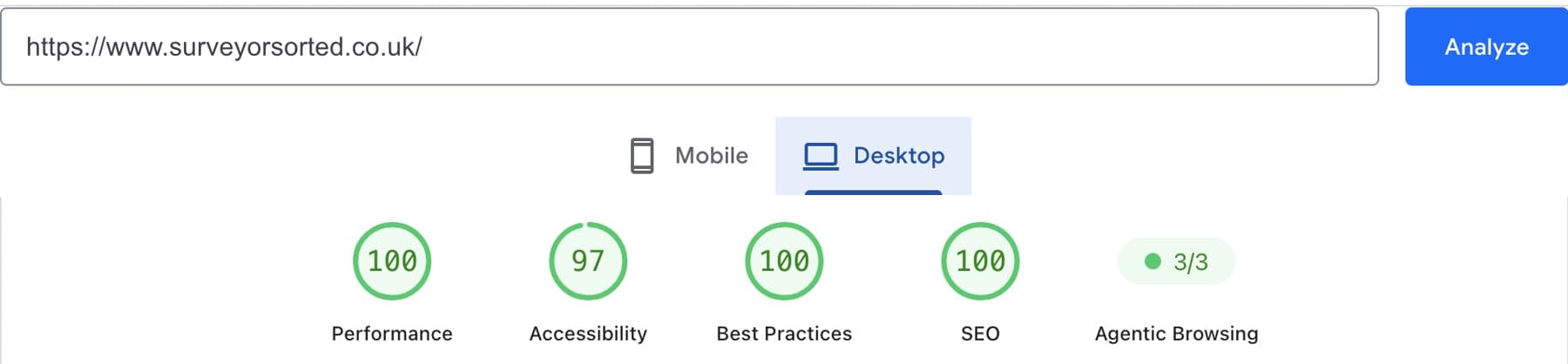 Google PageSpeed Insights results for surveyorsorted.co.uk on desktop